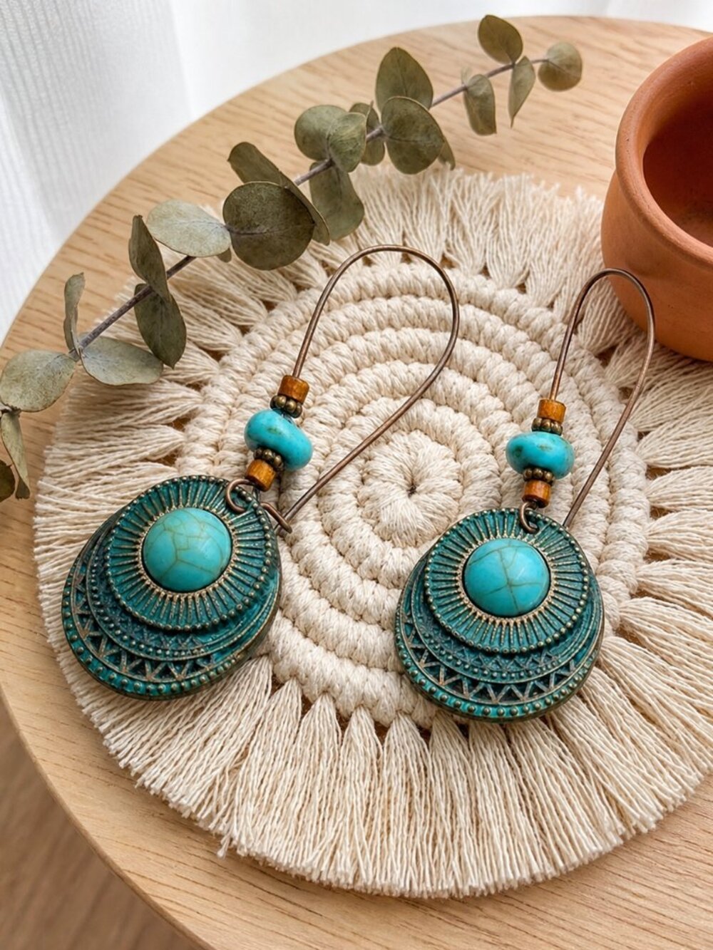 Boho Turquoise Drop Earrings Bronze Ethnic Carved Mandala Statement Dangle - Picture 7 of 12